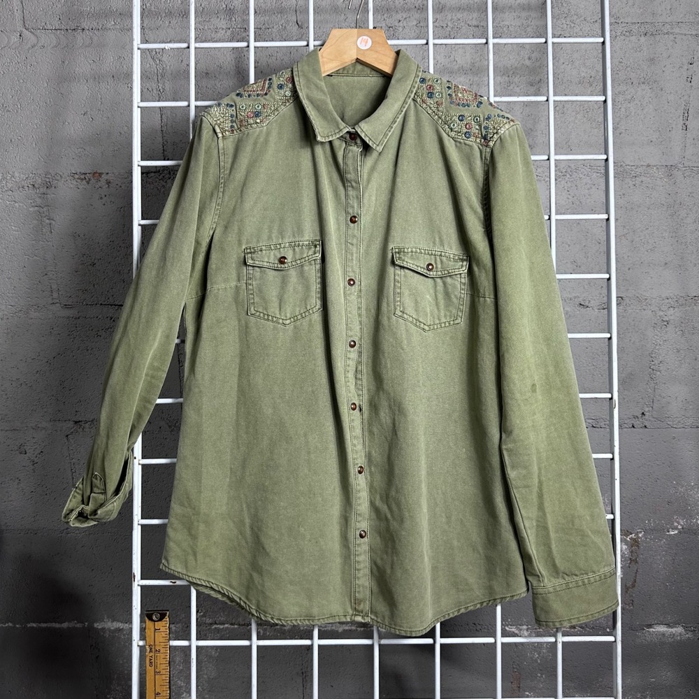 Olive Green Button Down Shirt Embroidered Shoulder Detail Western boho military